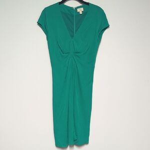 Banana Republic Green Pleated Midi Dress with V-Neck and Cap Sleeves